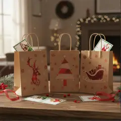 GENERICO - 12 Bolsas Para Regalo Navidad Kraft Grande 32X26CM + Stickers