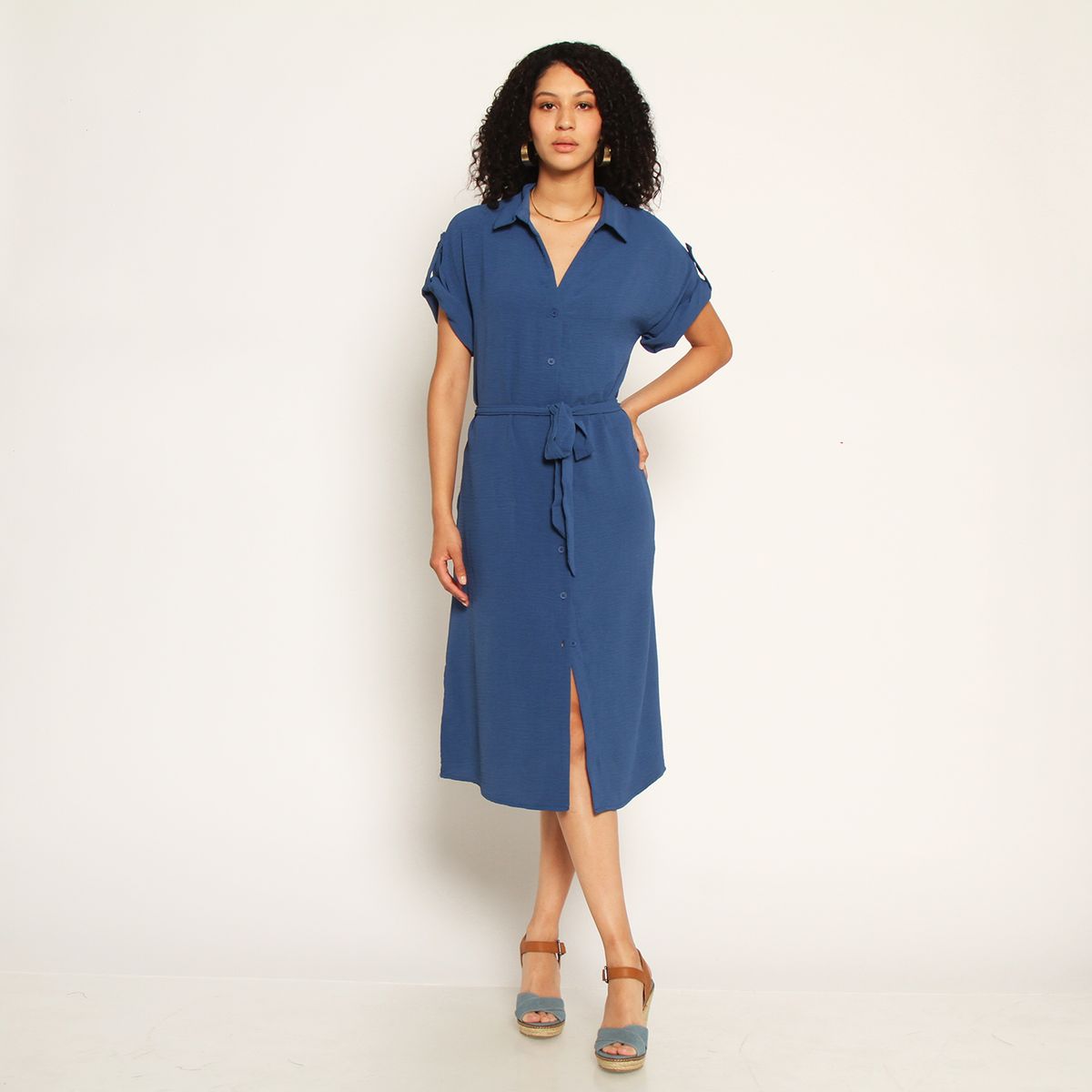 WADOS - VESTIDO MANGA CORTA ABOTONADA EN DELANTERO CON LAZO EN CINTURA