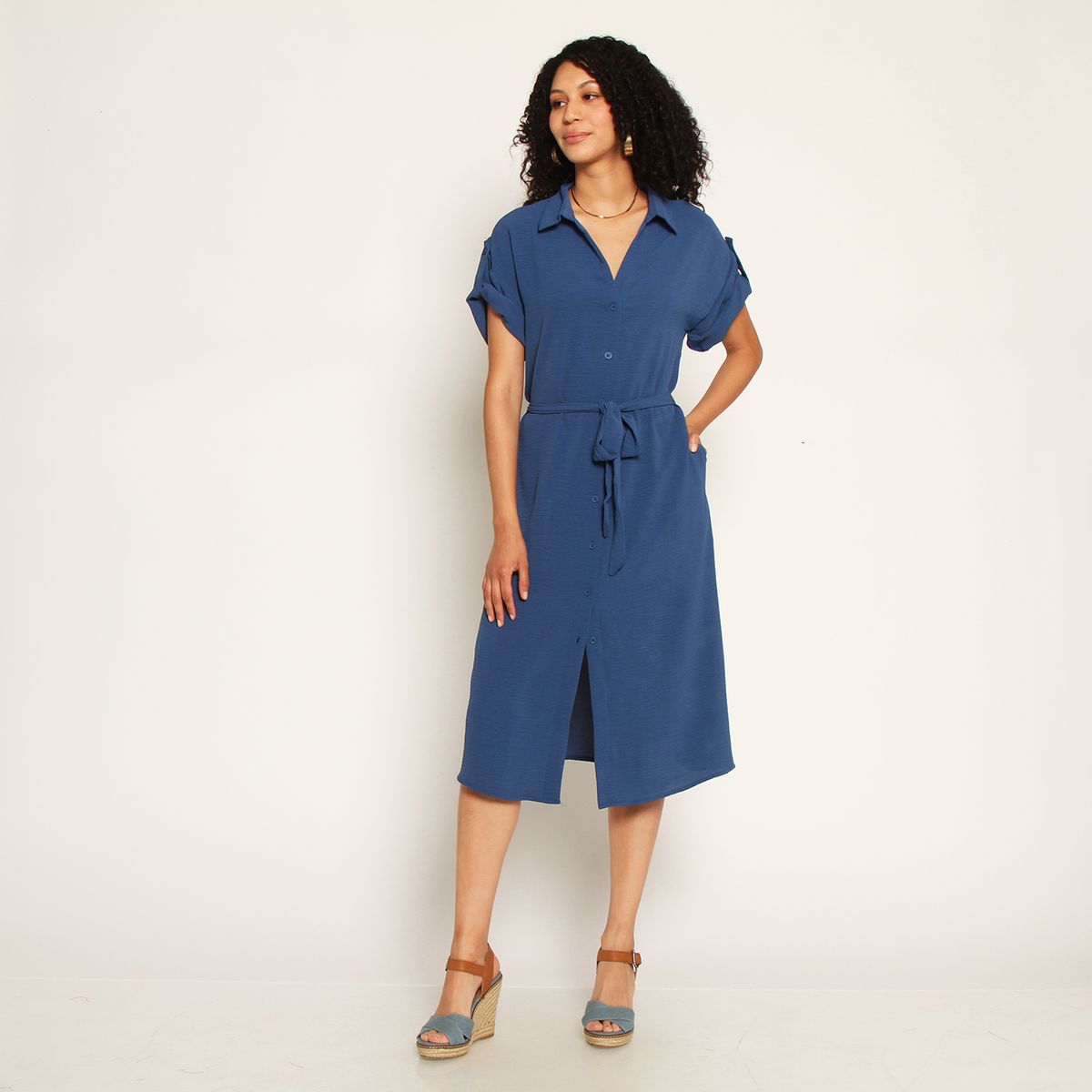WADOS - VESTIDO MANGA CORTA ABOTONADA EN DELANTERO CON LAZO EN CINTURA
