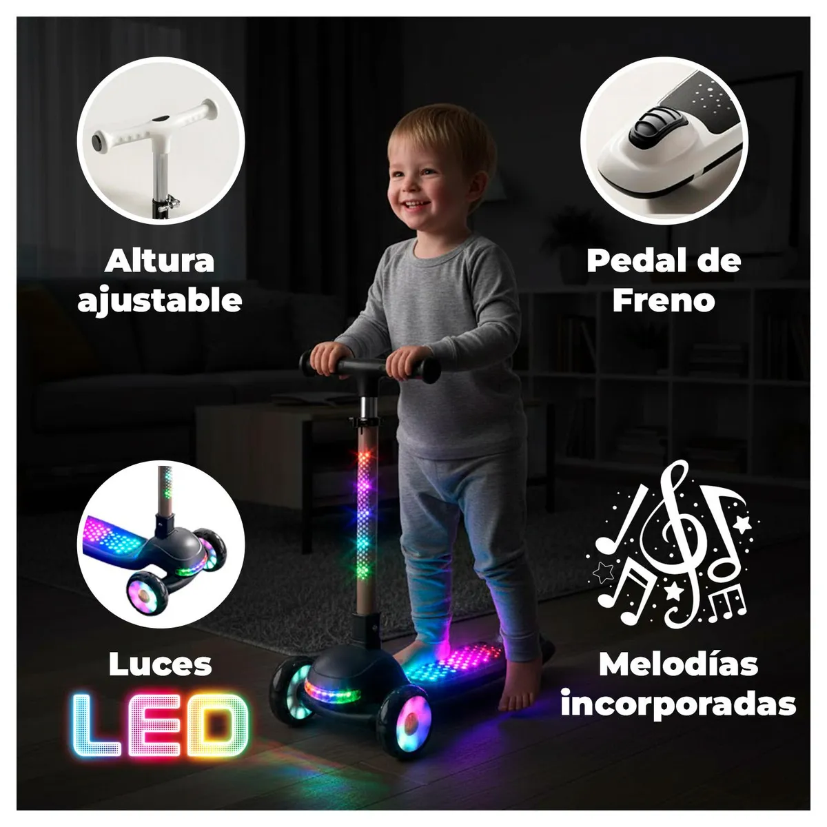 GLOBAL LATIN GROUP - Scooter Infantil con Luces LED 3 Ruedas Ajustable y Seguro - Rosa
