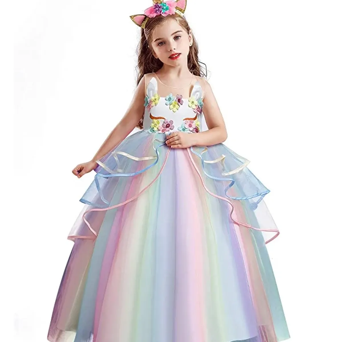 ALMA & DECO - Disfraz Vestido Niña Unicornio Gala Bco Falda Arcoiris T10