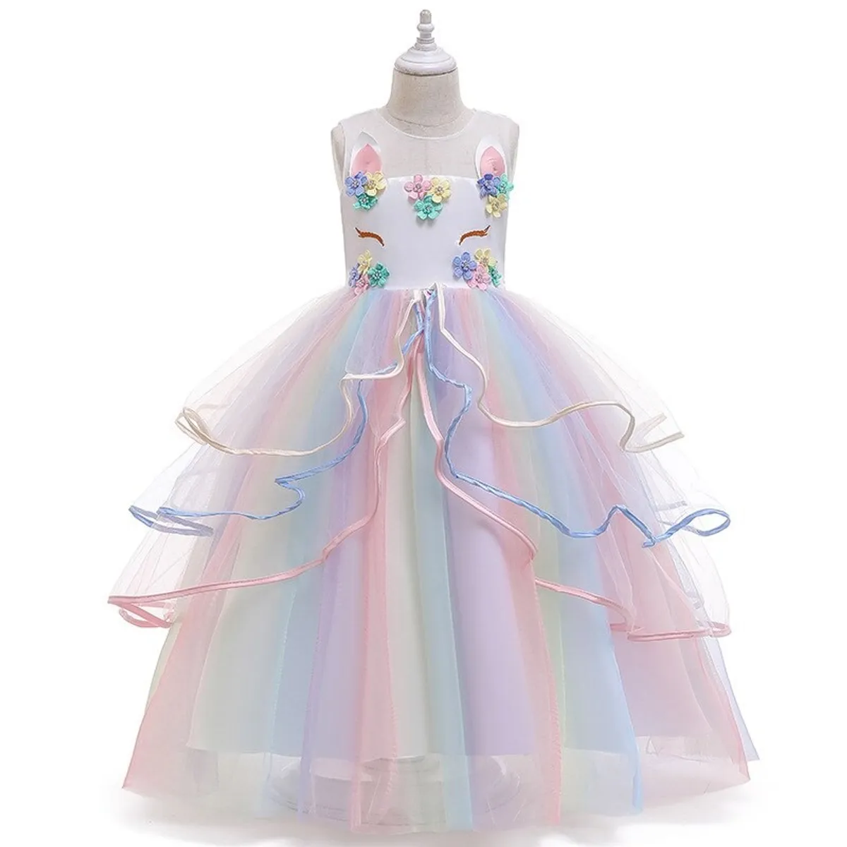 ALMA & DECO - Disfraz Vestido Niña Unicornio Gala Bco Falda Arcoiris T10