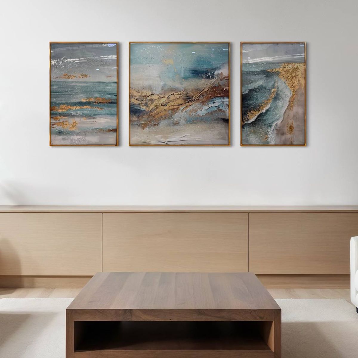 DEKAM DISEÑO - CUADRO TRIPTICO OLAS ABSTRACTAS  PORCELANA DIAMANTES