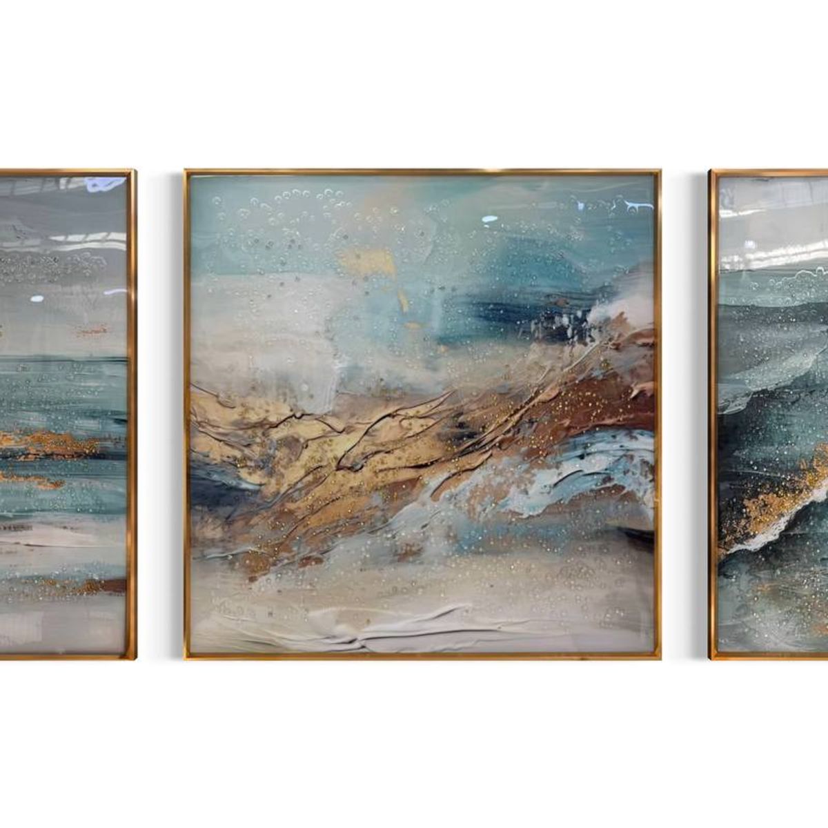 DEKAM DISEÑO - CUADRO TRIPTICO OLAS ABSTRACTAS  PORCELANA DIAMANTES