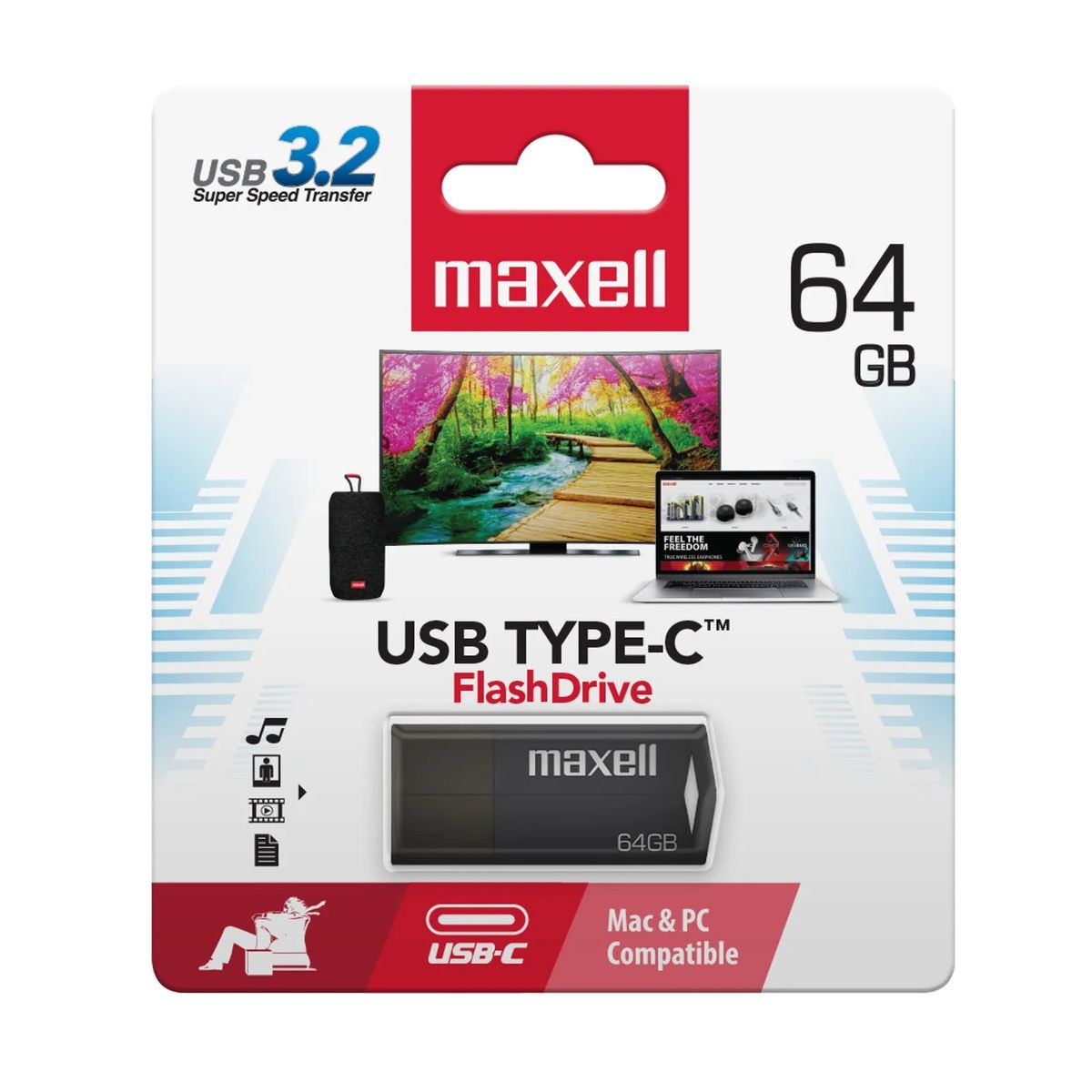 MAXELL - Pendrive Maxell USBTC Tipo C 64gb 3.2 Negro