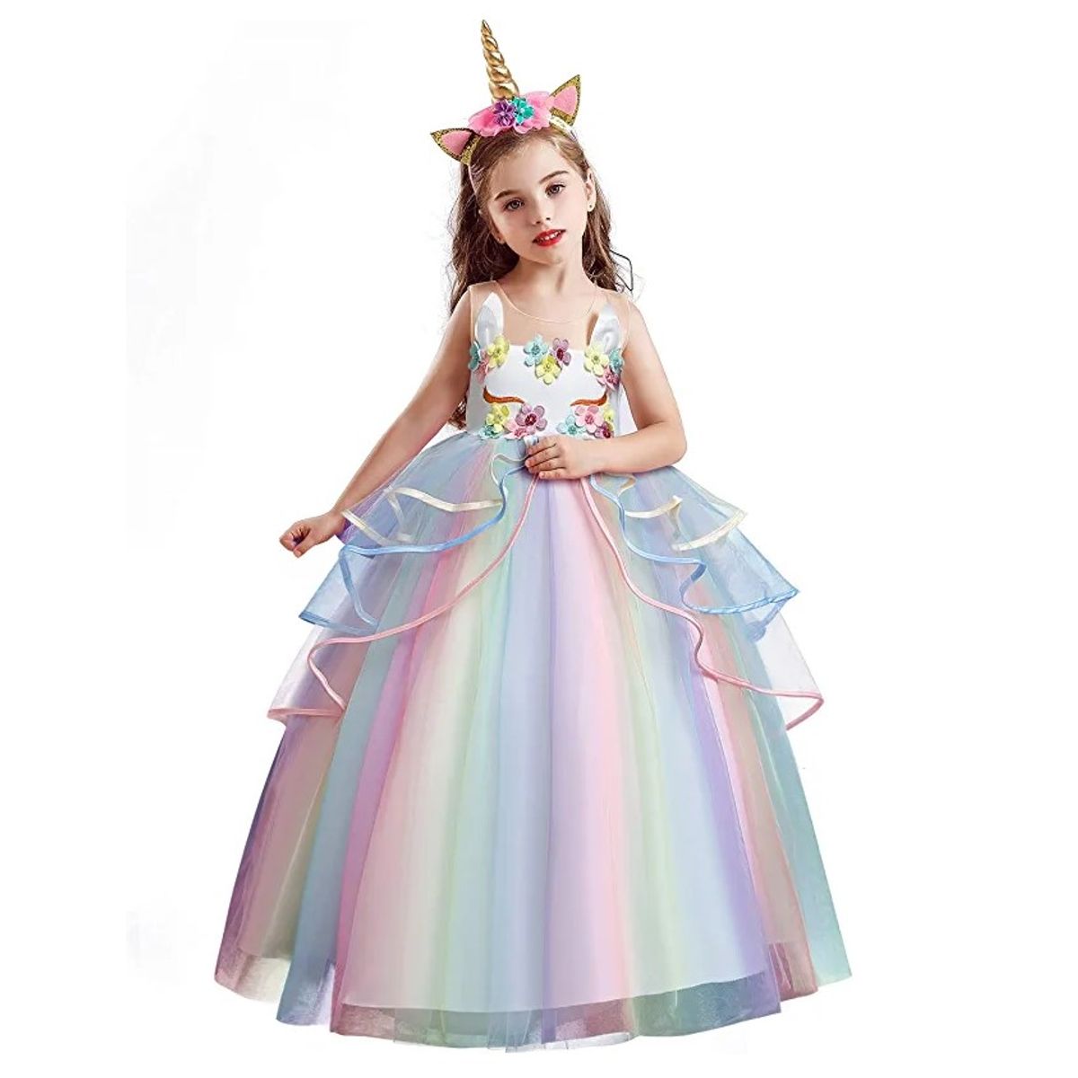 ALMA & DECO - Disfraz Vestido Niña Unicornio Gala Blanco Falda Arcoiris T6