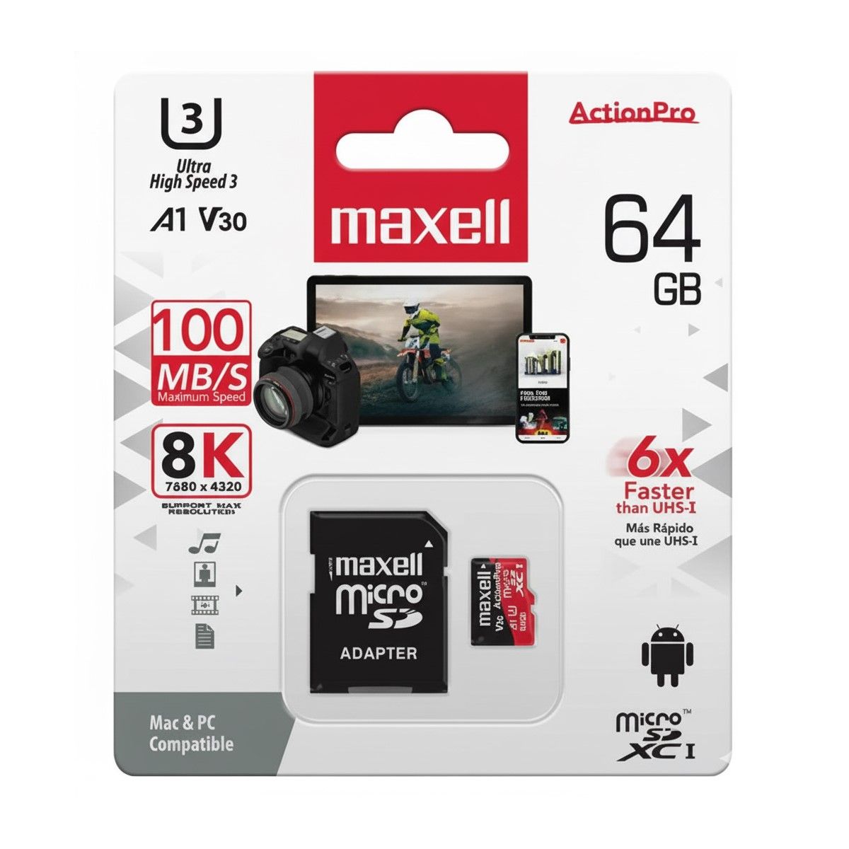MAXELL - Tarjeta MicroSD Maxell 64GB UH-3 8K 100mb V30