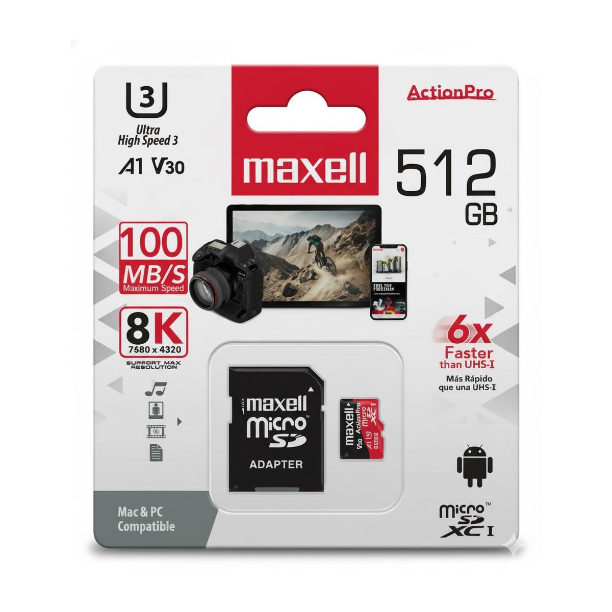 MAXELL - Tarjeta MicroSD Maxell 512GB UH-3 8K 100mb V30