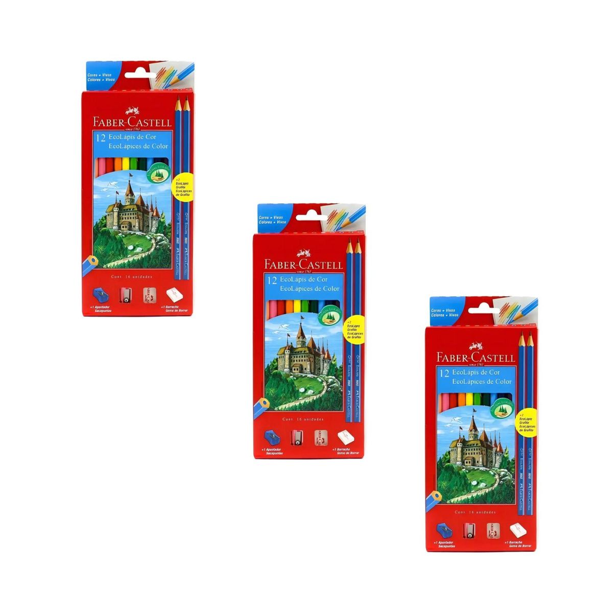 FABER-CASTELL - Pack x 3 Lapices Faber Castell 12 Colores + Goma y Sacapunta