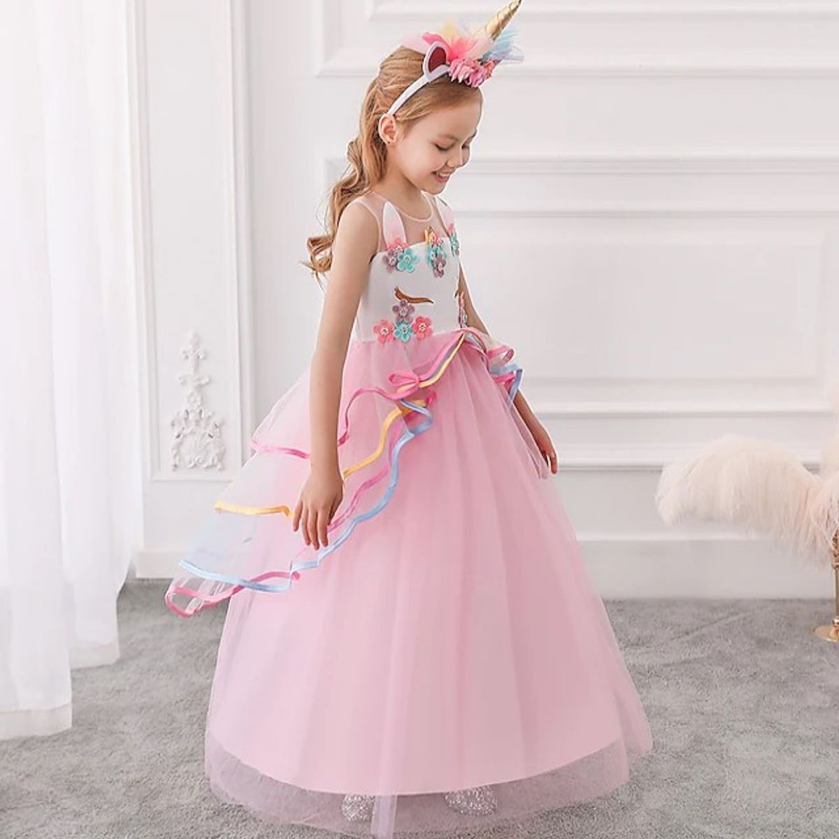 ALMA & DECO - Disfraz Vestido Unicornio Gala Niña Faldón Rosa Talla 10