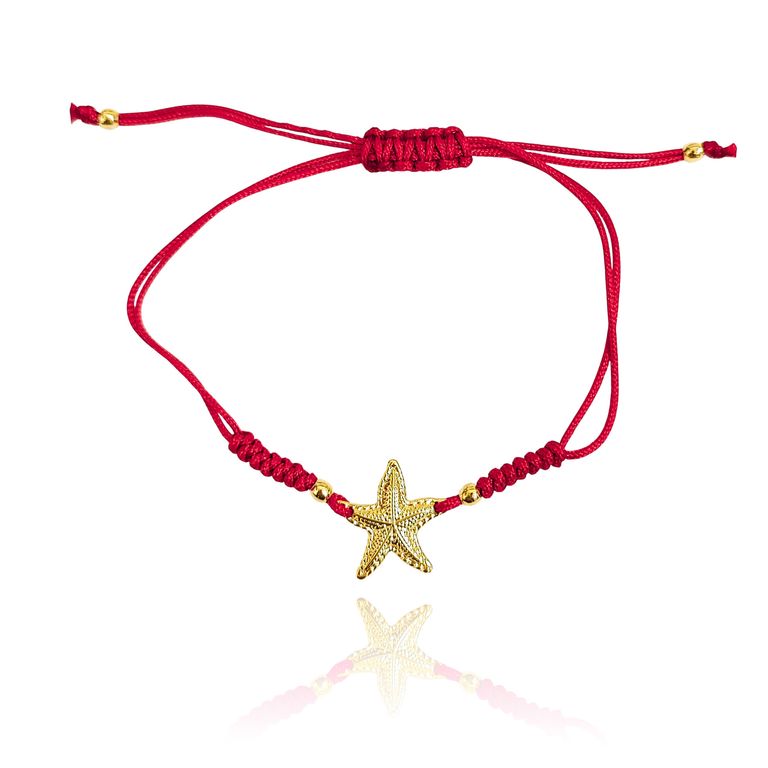 Pulsera Estrella De Mar Satinada Enchapada Oro 18K Cordon Rojo Dorado TALLA UNICA