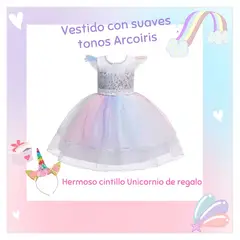 ALMA & DECO - Vestido Niña Hada Arcoiris Pastel Blanco Cintillo Unicornio de Regalo