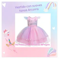 ALMA & DECO - Vestido Fiesta Niña Hada Arcoiris Rosa Cintillo Unicornio de Regalo