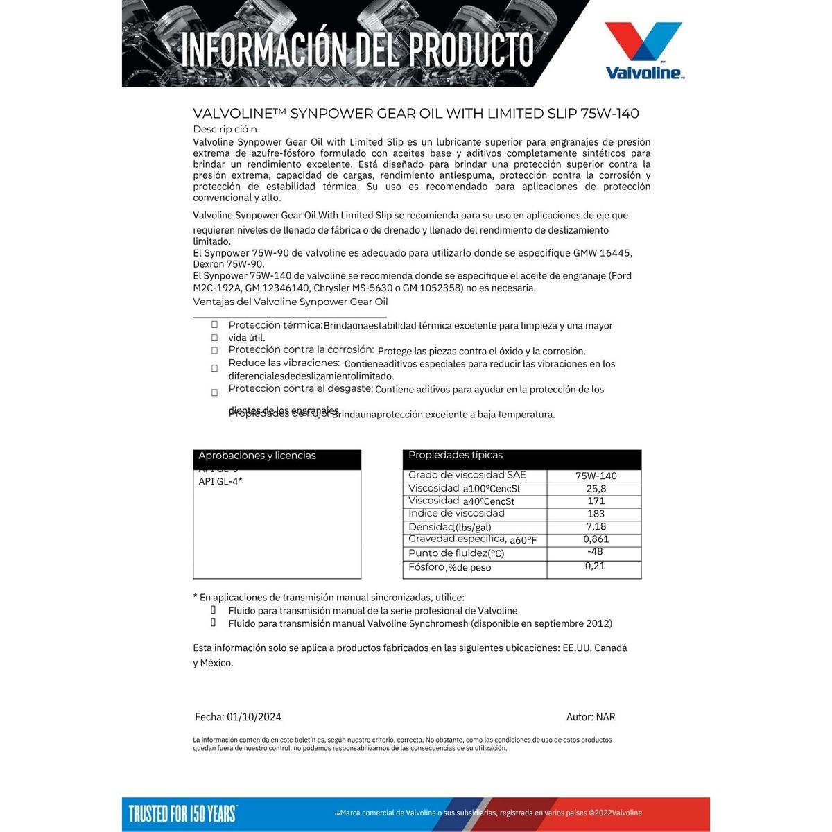 VALVOLINE - Lubricante 75w140 Synpower Cajas de Cambio Mecanica 946 Ml.
