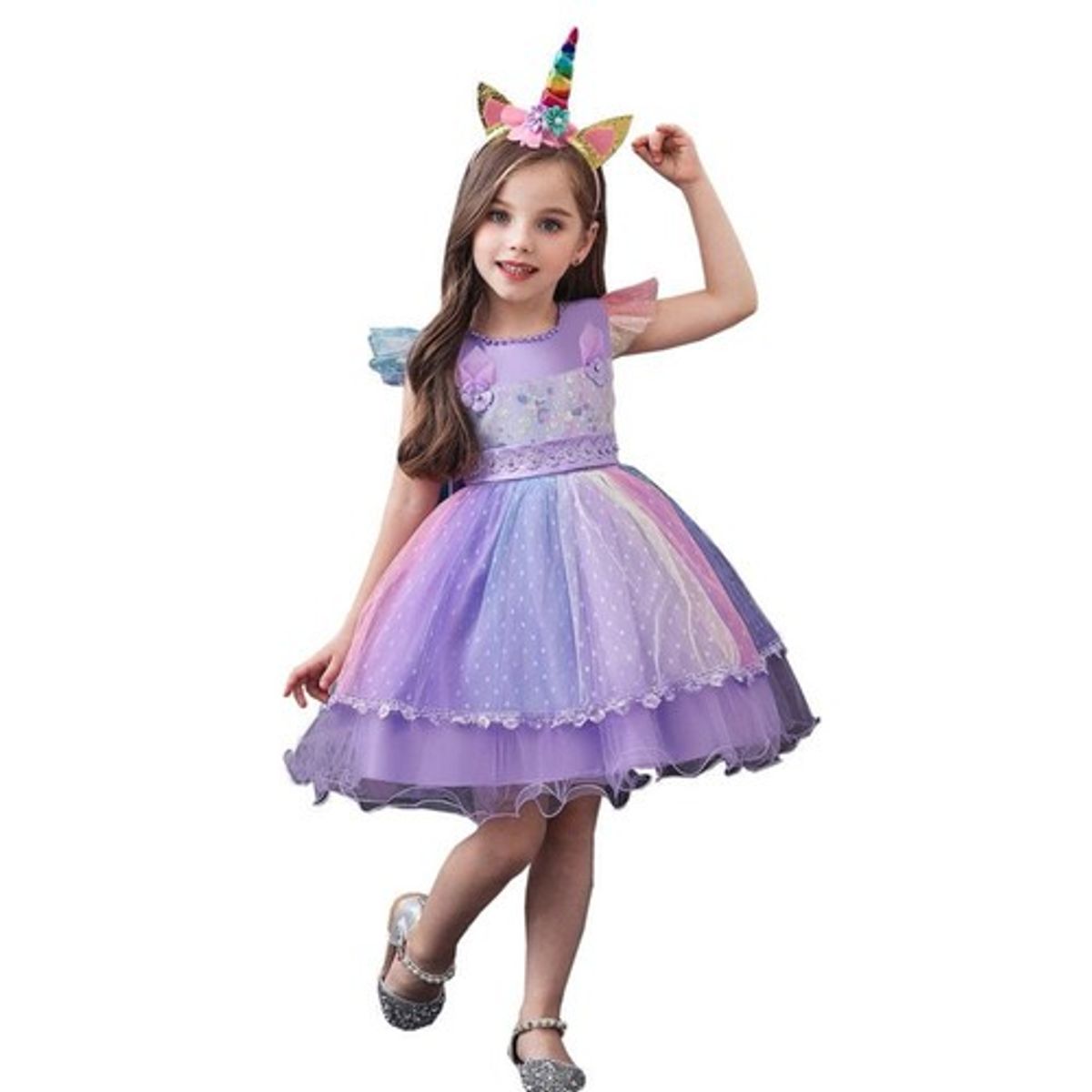 ALMA & DECO - Vestido Fiesta Niña Hada Arcoiris Púrpura Cintillo Unicornio de Regalo