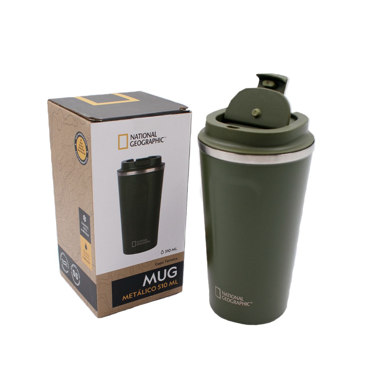 NATIONAL GEOGRAPHIC - Mug Acero Inoxidable Tapa Flip Antideslizante 510ml Verde