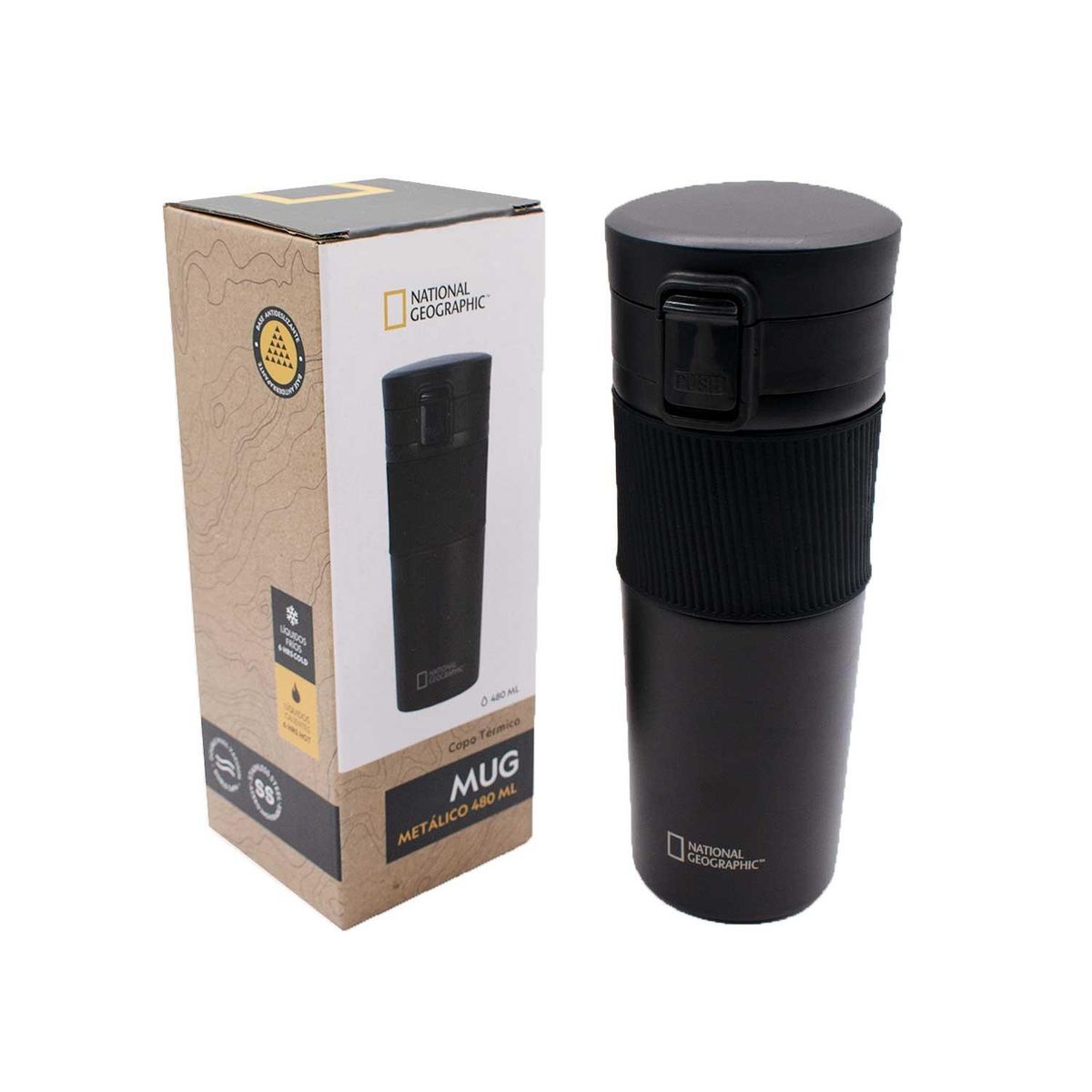 NATIONAL GEOGRAPHIC - Mug Acero Inoxidable Tapa Con Pulsador y Antideslizante 480ml Negro