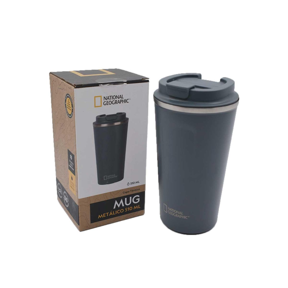 NATIONAL GEOGRAPHIC - Mug Acero Inoxidable Tapa Flip Antideslizante 510ml Gris