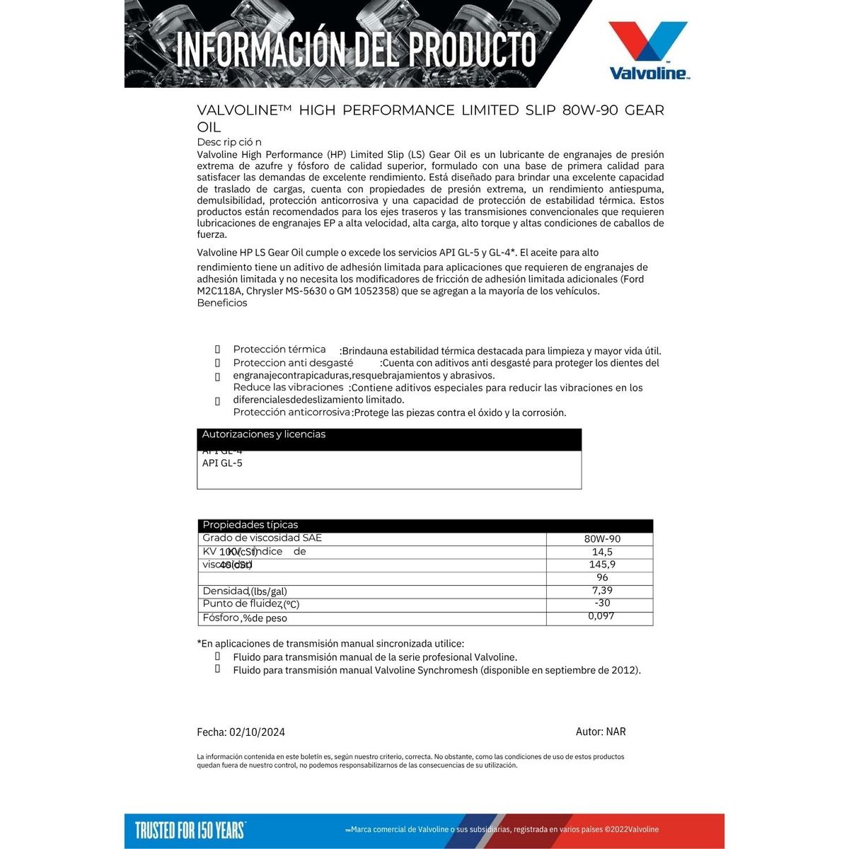 VALVOLINE - Lubricante 80w90 GL5 Caja Cambio Mecanica y Diferencial