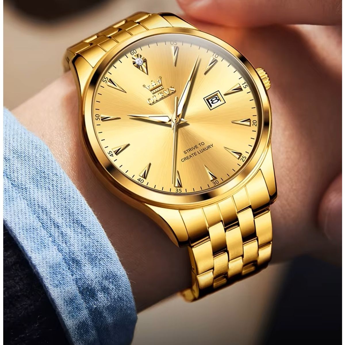 STARTECHOFFICE - Reloj Dorado de Lujo Hombre con Calendario Automático y Movimiento de Cuarzo Resistencia al agua