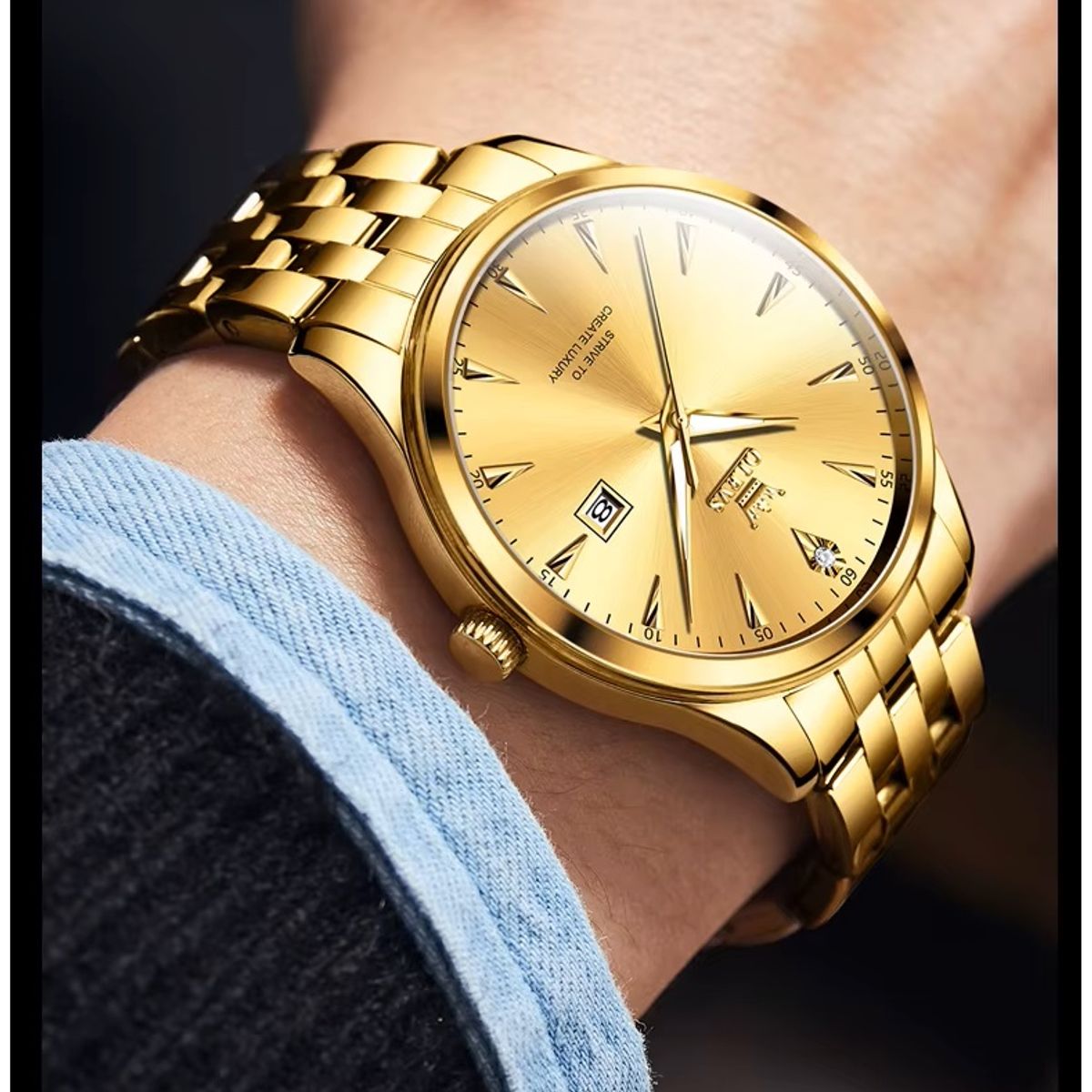 STARTECHOFFICE - Reloj Dorado de Lujo Hombre con Calendario Automático y Movimiento de Cuarzo Resistencia al agua