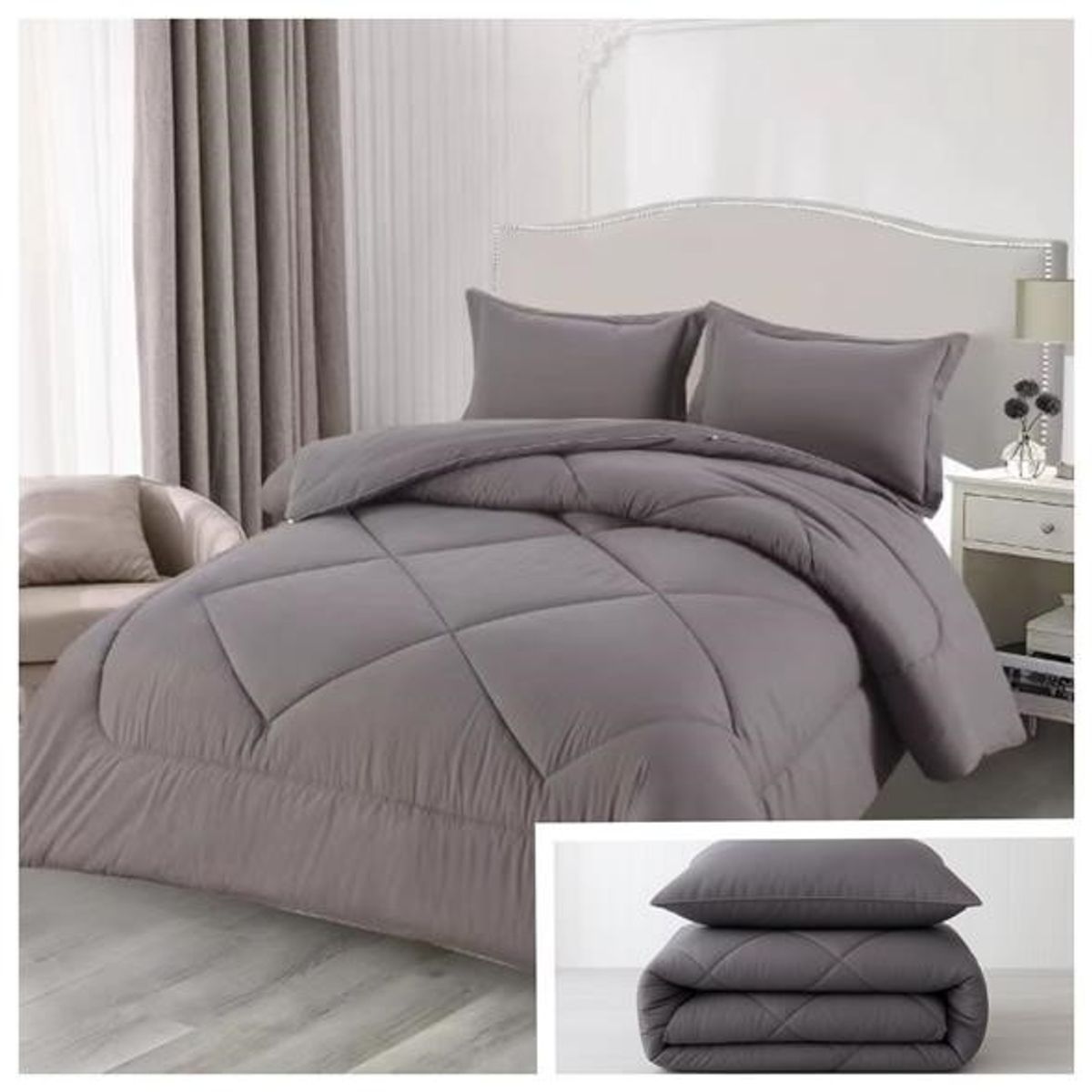 GENERICO - Edredon Nordico Plumon de microfibra con Funda de Almohada 1,5 plaza Color Gris