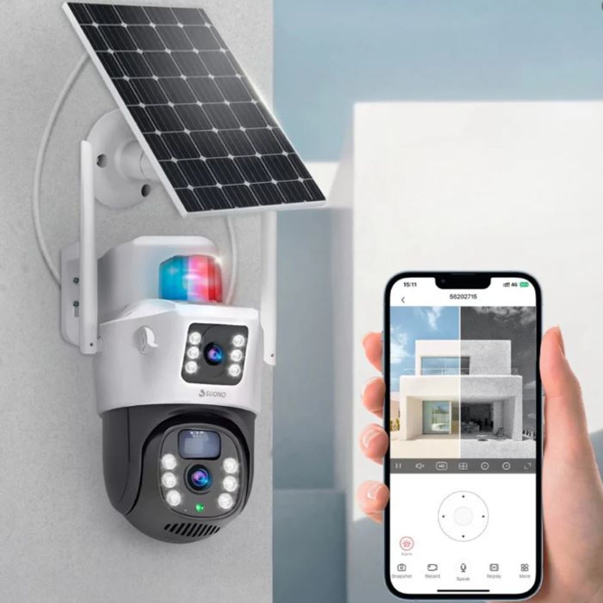 GENERICO - Cámara Solar Doble Lente 4MP Exterior WiFi  Visión Nocturna IP66 SENSOR MICROFONO