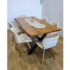 CORI CORI - Juego de Comedor Medlock Rústica Base Metal Negro 160x90 cm + 6 Sillas Mariposa Velvet