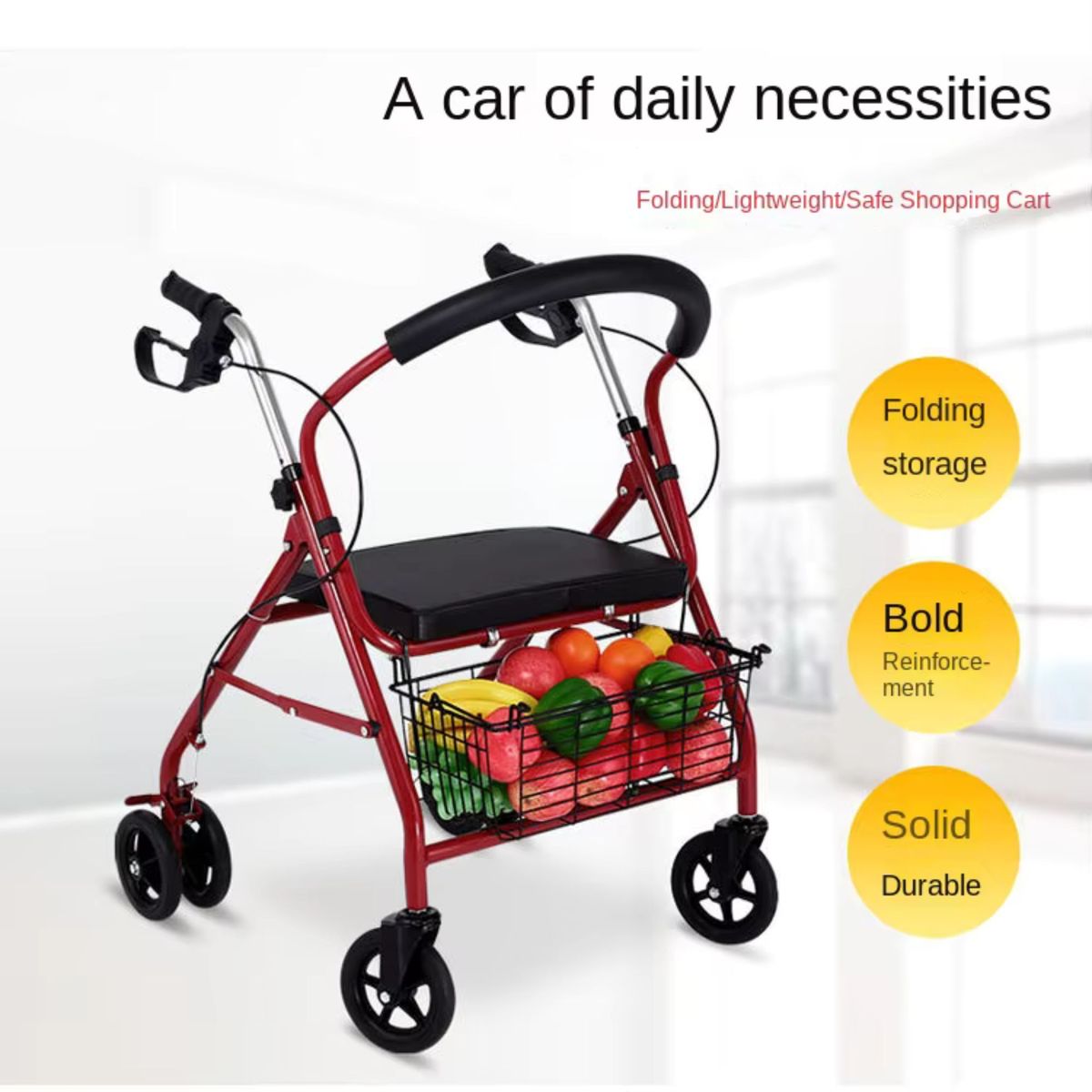 GENERICO - Andador Ortopédico Plegable con Asiento Frenos y Canasto