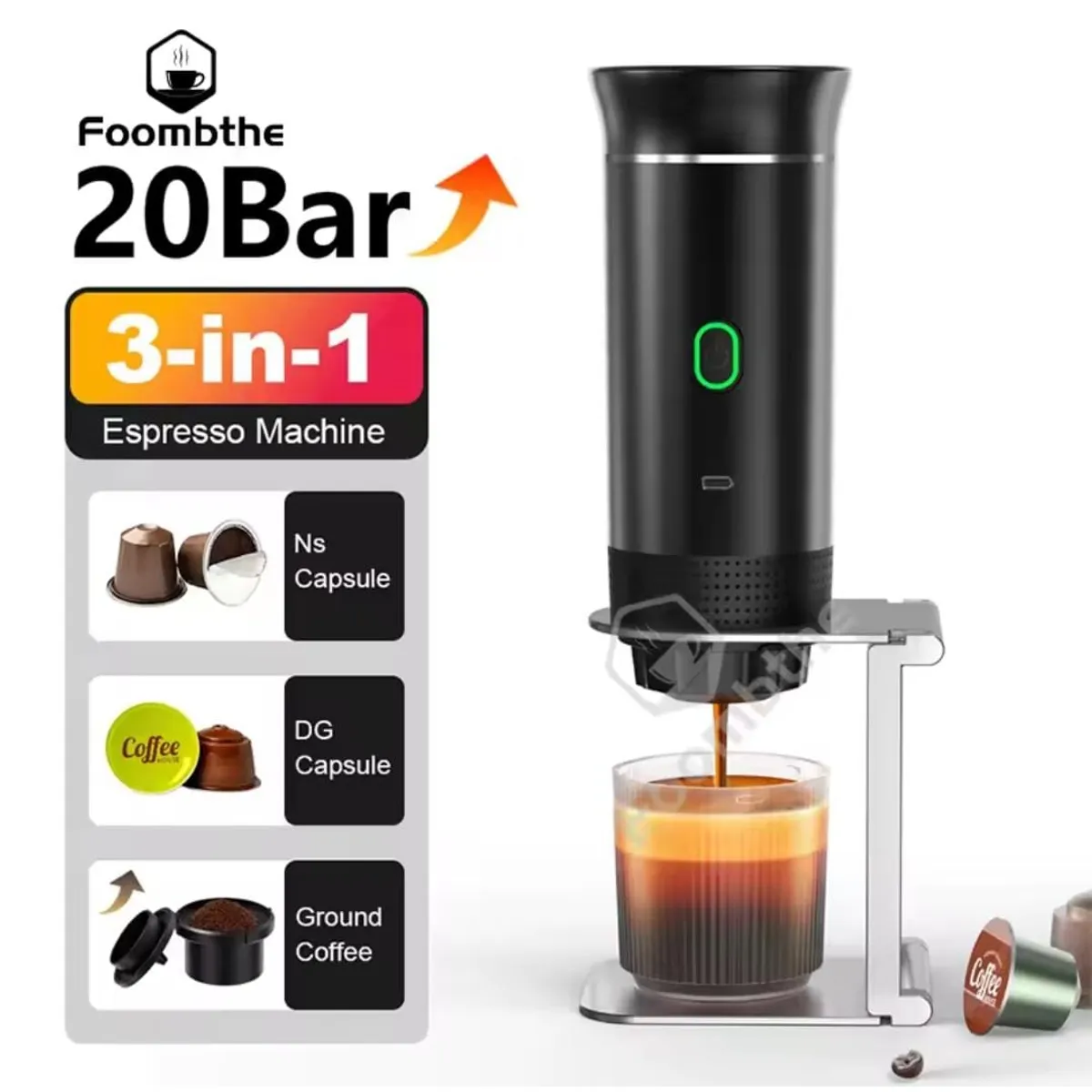 GENERICO - Cafetera Portatil Espresso 3 en1 con Capsulas Inalambrica Negra