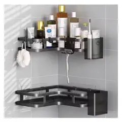 GENERICO - Organizador de Baño Esquinero Metálico Negro 2 Niveles con Jabonera Canastos y Colgadores