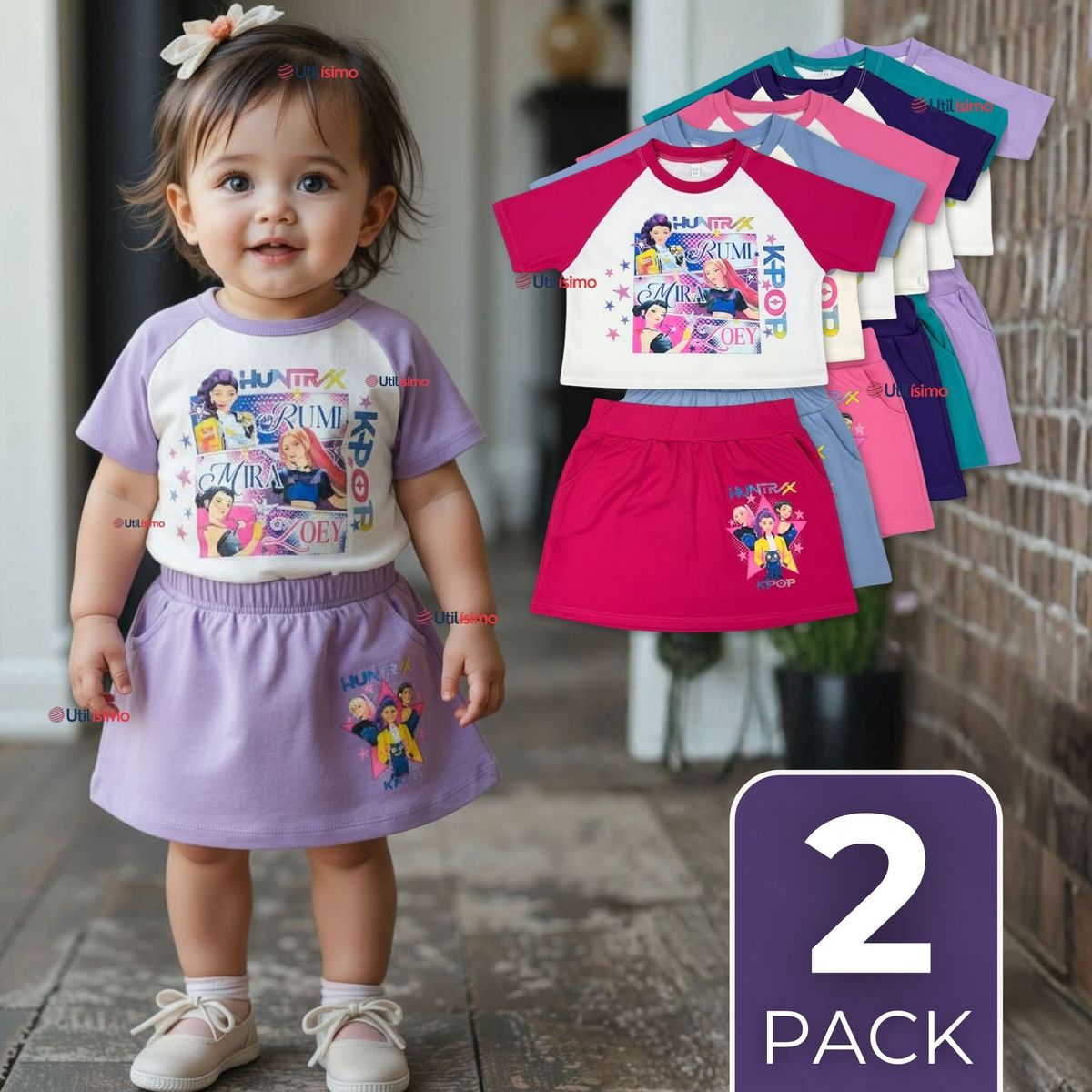 UTILISIMO - Pack 2 Conjuntos Huntrix Algodón Crop Top Falda Short Niña HUNTR/X Demon Hunters Rumi Mira Zoey