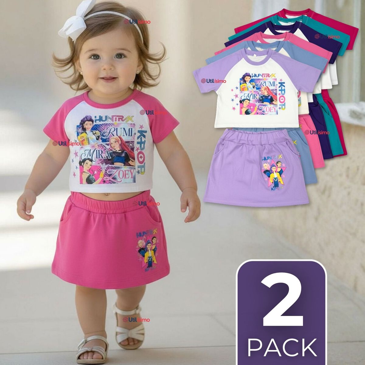 UTILISIMO - Pack 2 Conjuntos Huntrix Algodón Crop Top Falda Short Niña HUNTR/X Demon Hunters Rumi Mira Zoey