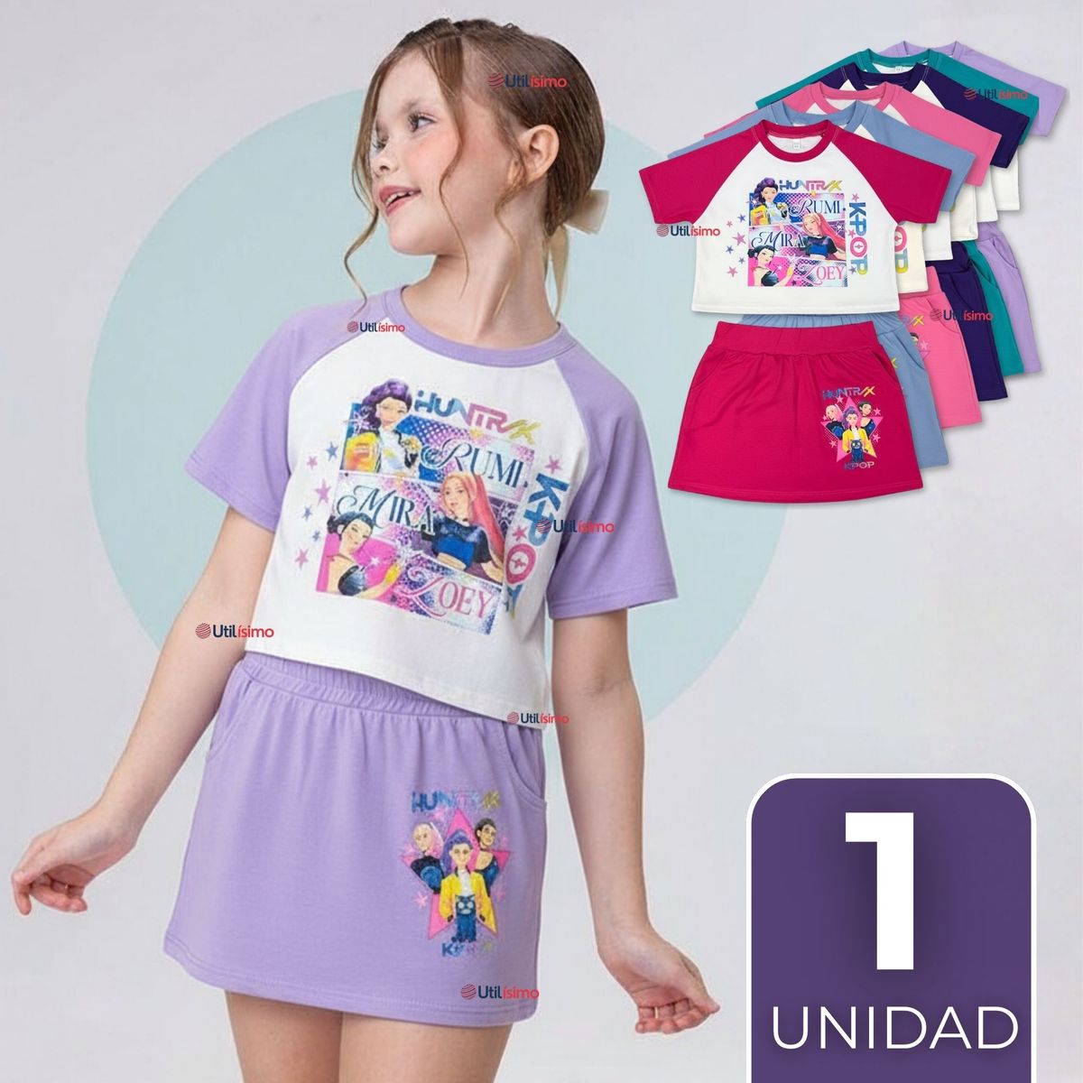 UTILISIMO - Conjunto Huntrix 100% Algodón Crop Top Falda Short Niña HUNTRX Demon Hunters Rumi Mira Zoey