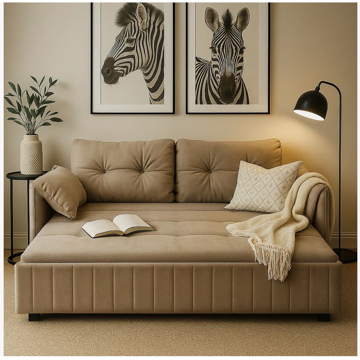 HOMER DESIGN - Sofa Cama 140cm tela tecnica Base De Fierro con Almacenamiento cafe