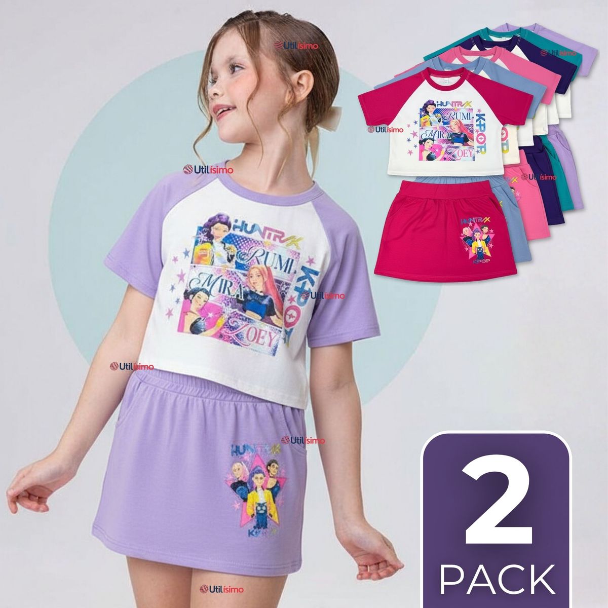 UTILISIMO - Pack 2 Conjuntos Huntrix Algodón Crop Top Falda Short Niña HUNTR/X Demon Hunters Rumi Mira Zoey