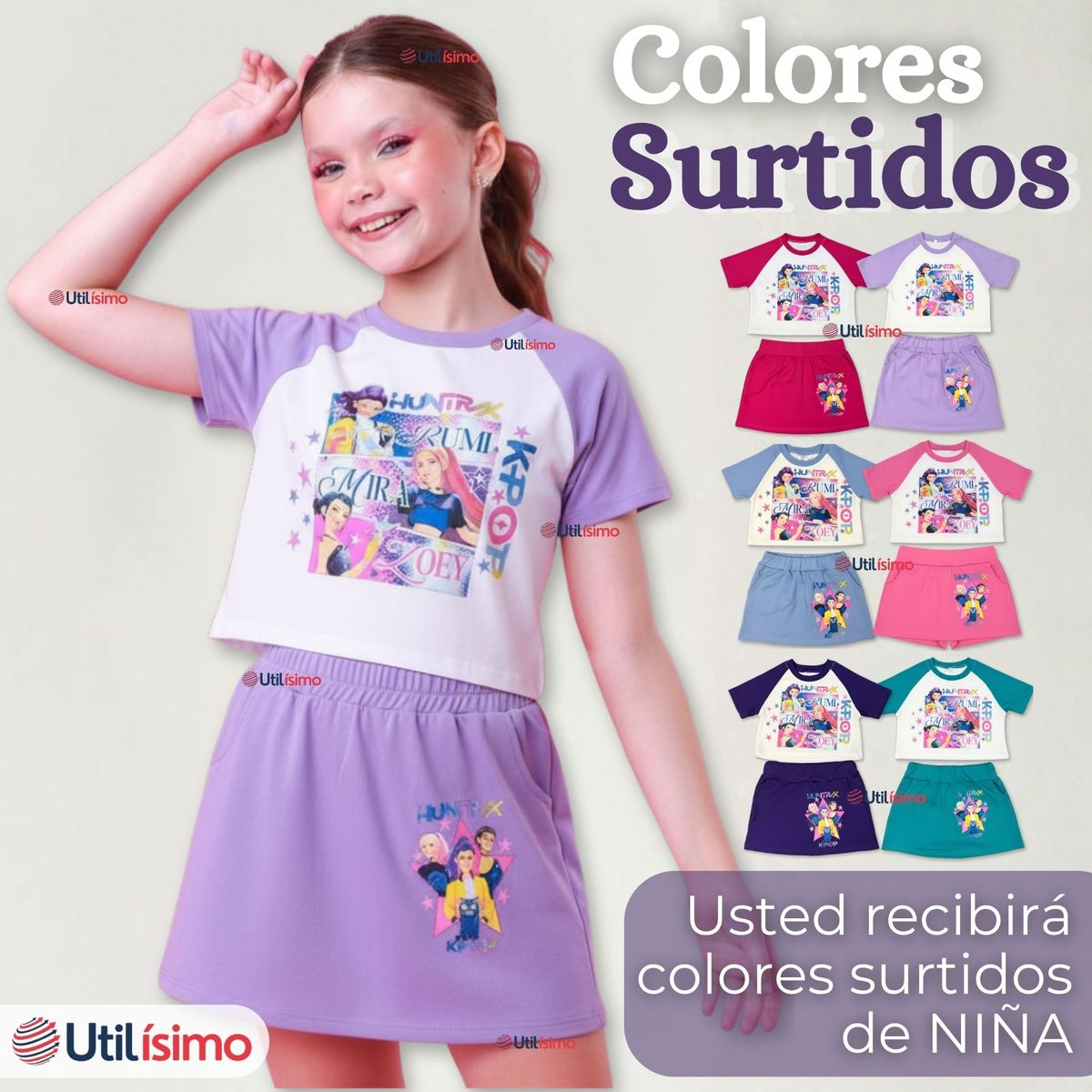 UTILISIMO - Pack 2 Conjuntos Huntrix Algodón Crop Top Falda Short Niña HUNTR/X Demon Hunters Rumi Mira Zoey