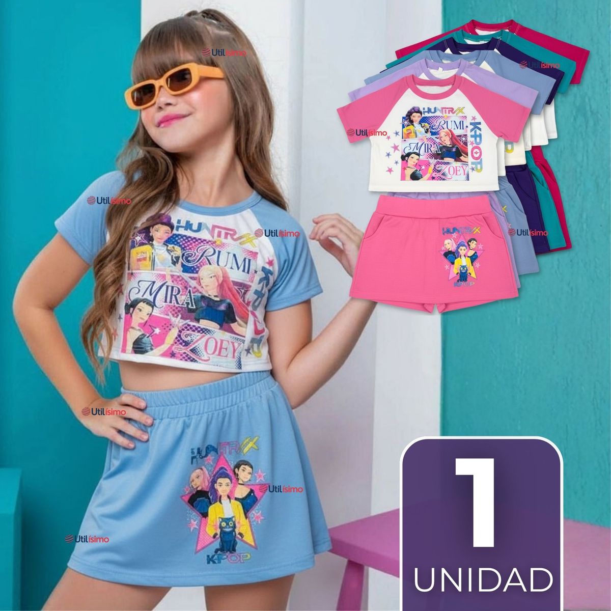 UTILISIMO - Conjunto Huntrix 100% Algodón Crop Top Falda Short Niña HUNTRX Demon Hunters Rumi Mira Zoey