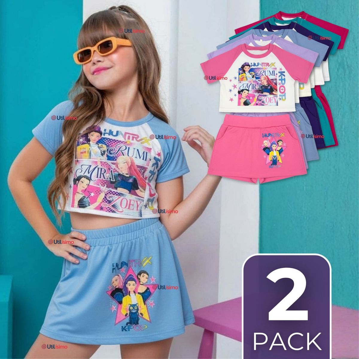 UTILISIMO - Pack 2 Conjuntos Huntrix Algodón Crop Top Falda Short Niña HUNTR/X Demon Hunters Rumi Mira Zoey