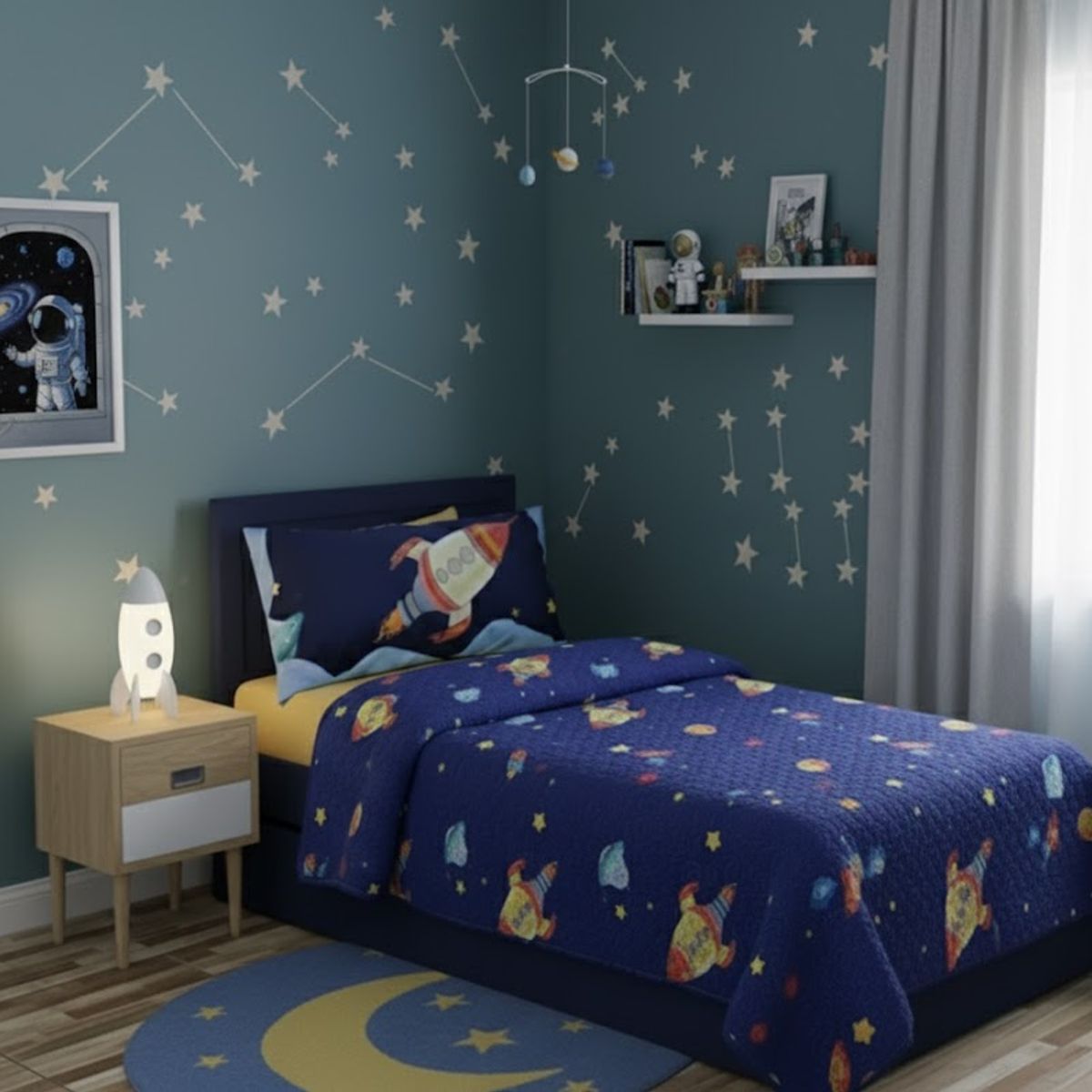 GENERICO - CUBRECAMA DE  ALGODON QUILT VERANO 1.5 PLAZA DISEÑO COHETE DIANA