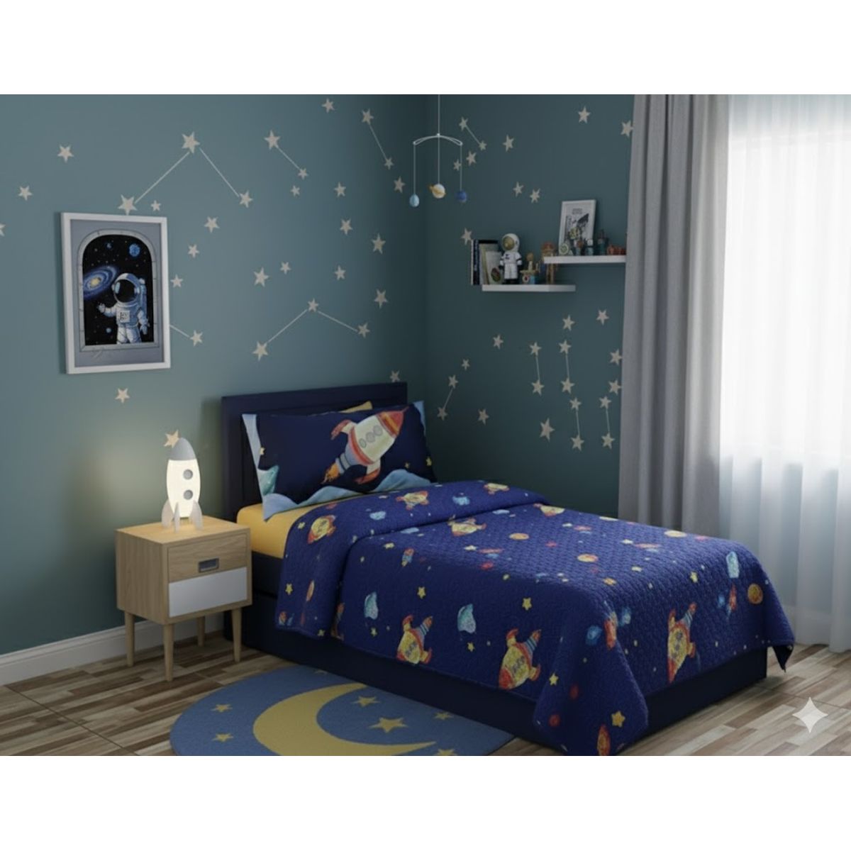 GENERICO - CUBRECAMA DE  ALGODON QUILT VERANO 1.5 PLAZA DISEÑO COHETE DIANA