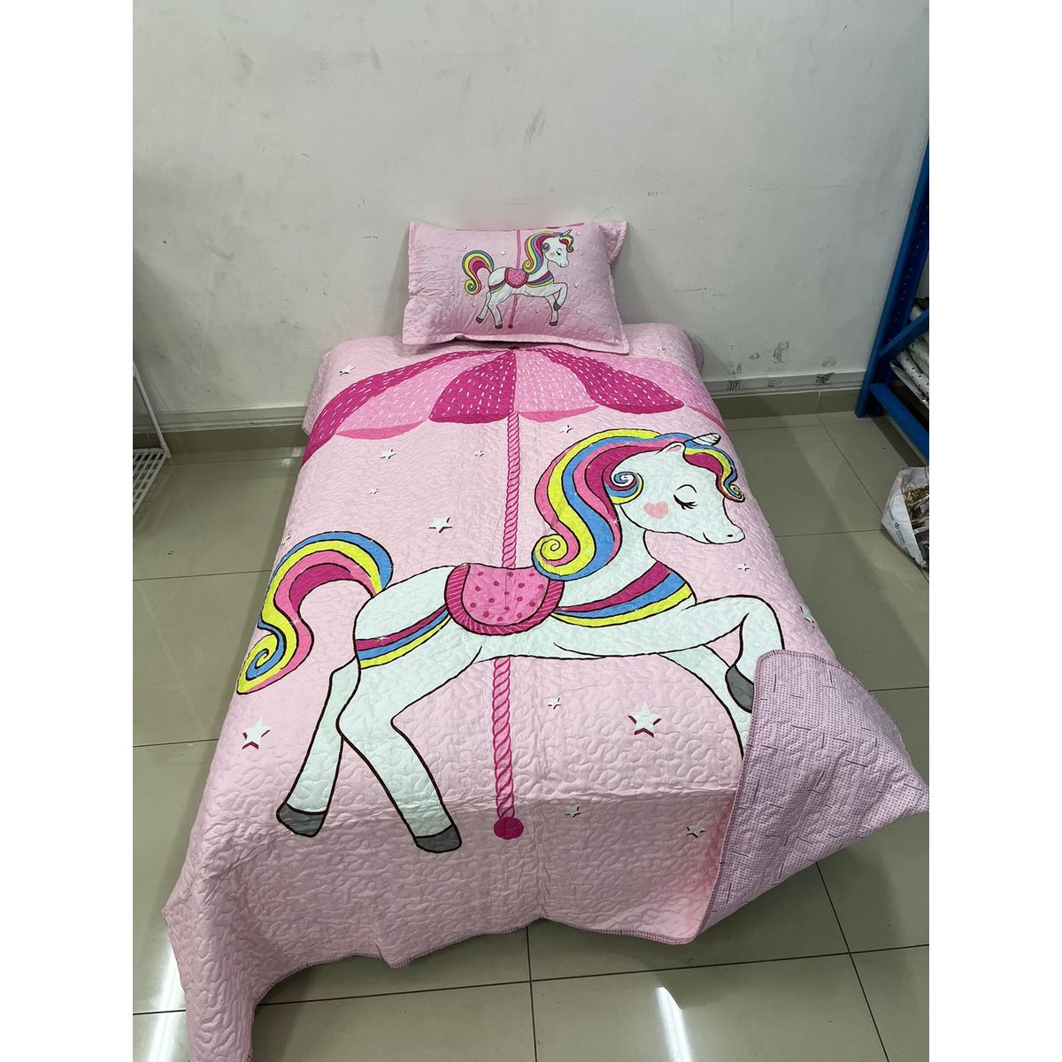 GENERICO - CUBRECAMA DE NIÑA  ROSA UNICORNIO 1.5 PLAZA  ALGODON QUILT DN