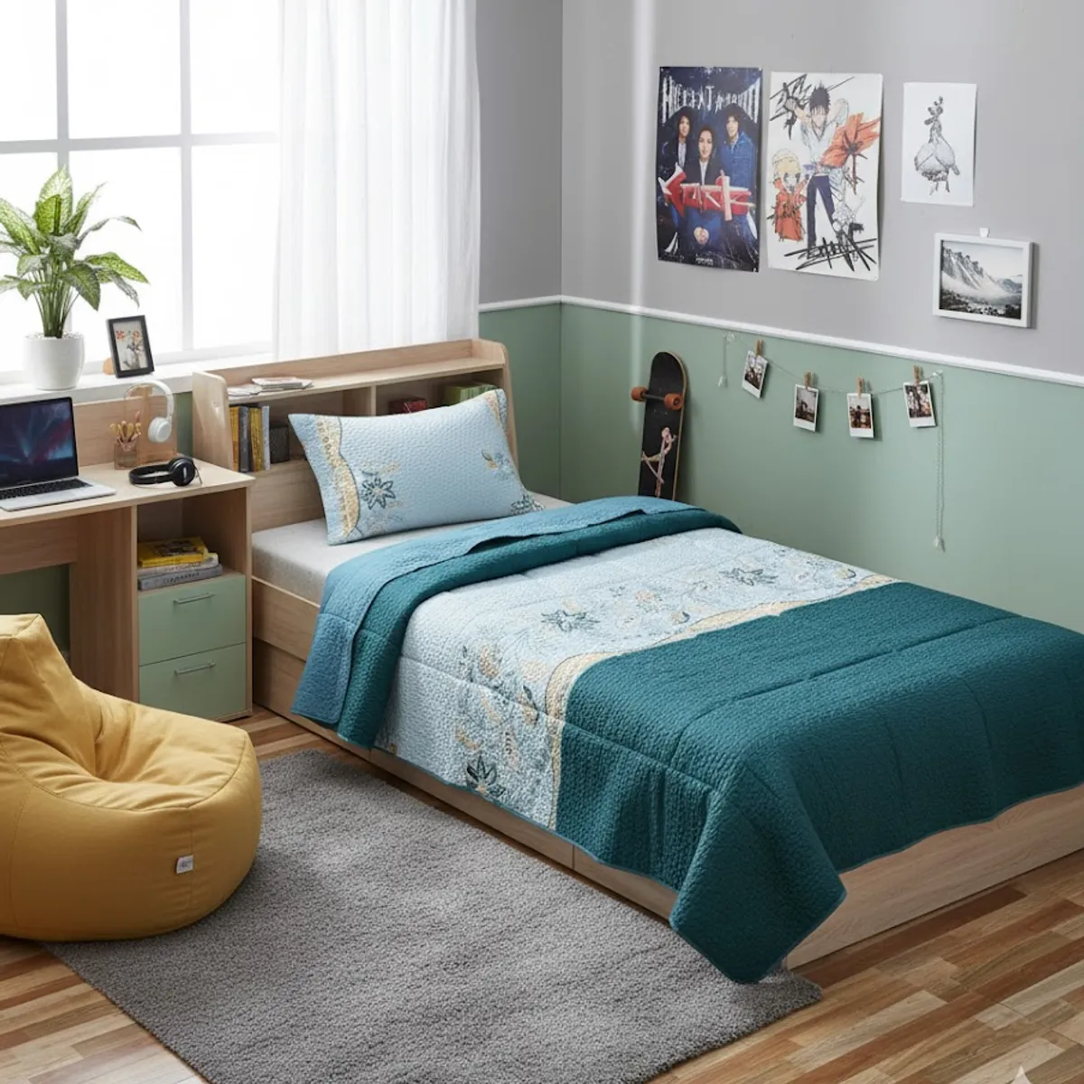 GENERICO - CUBRECAMA ALGODON  1.5 PLAZA  TURQUESA DE FLOR QUILT DN