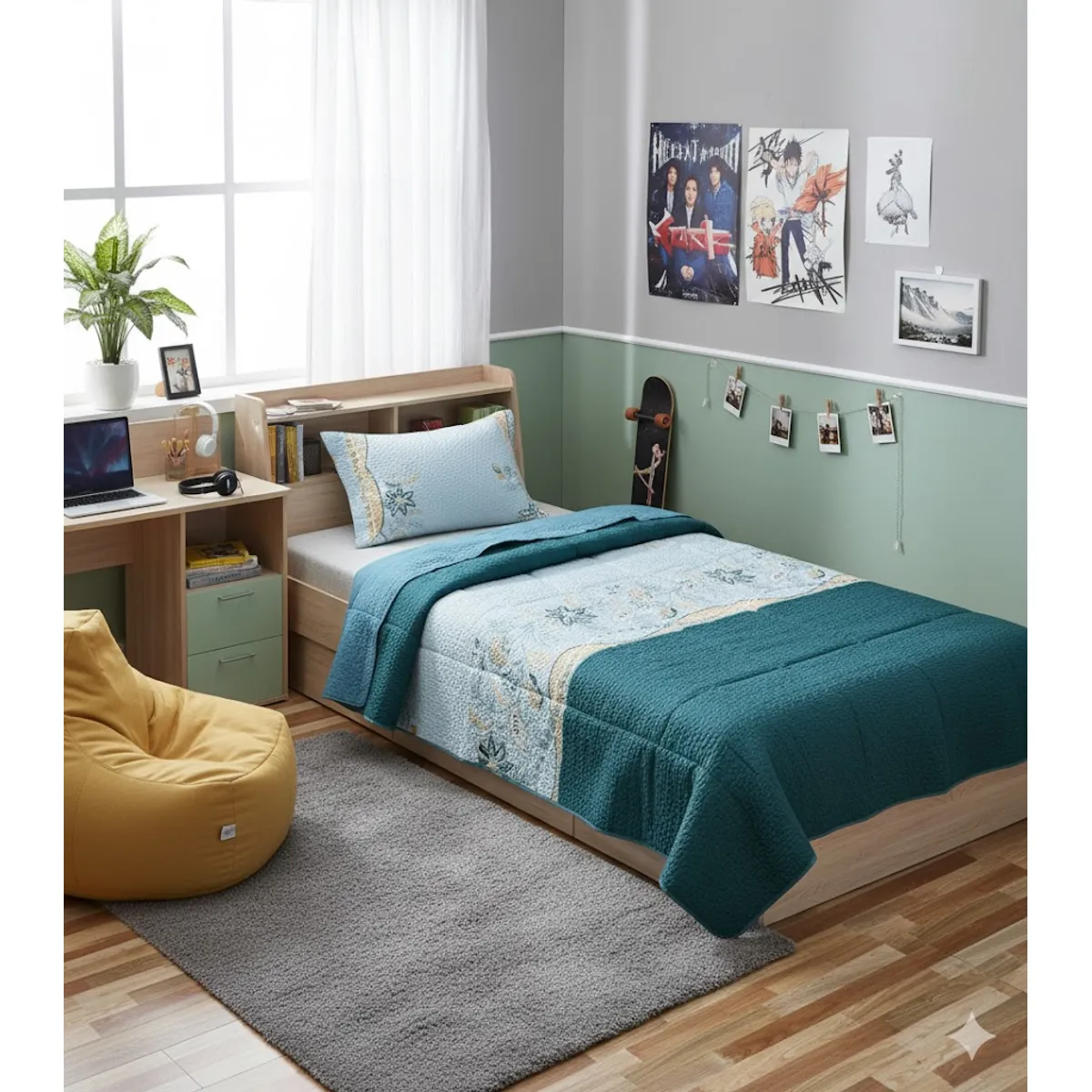 GENERICO - CUBRECAMA ALGODON  1.5 PLAZA  TURQUESA DE FLOR QUILT DN