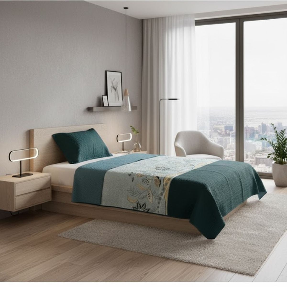 GENERICO - CUBRECAMA ALGODON  1.5 PLAZA  TURQUESA DE FLOR QUILT DN