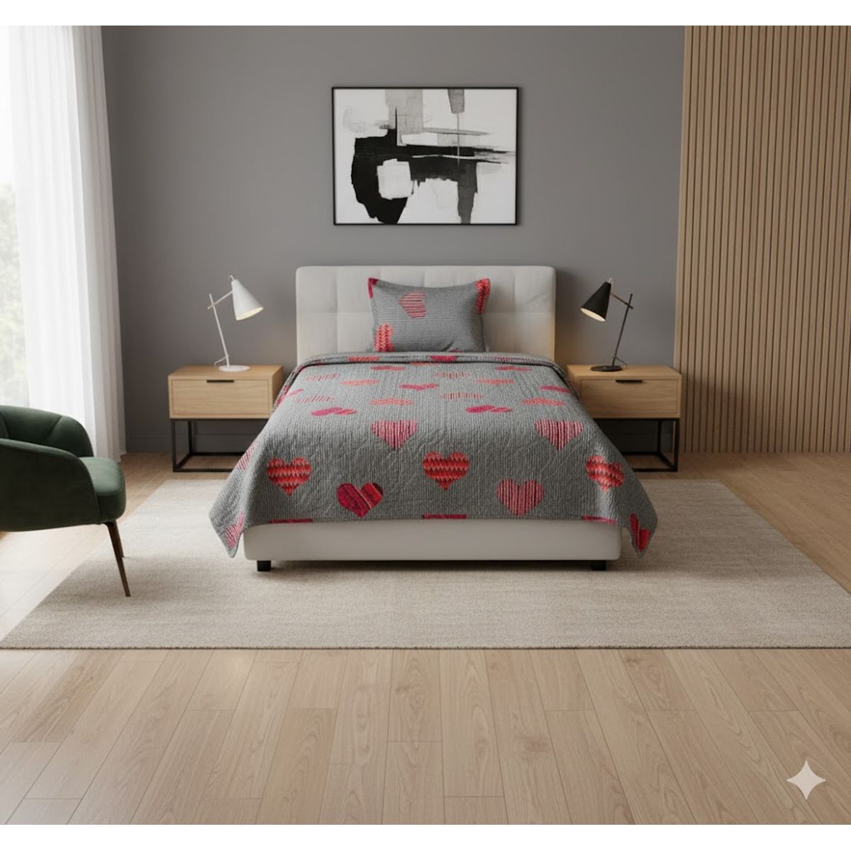GENERICO - CUBRECAMA ALGODON  1.5 PLAZA GRIS CORAZON QUILT DN