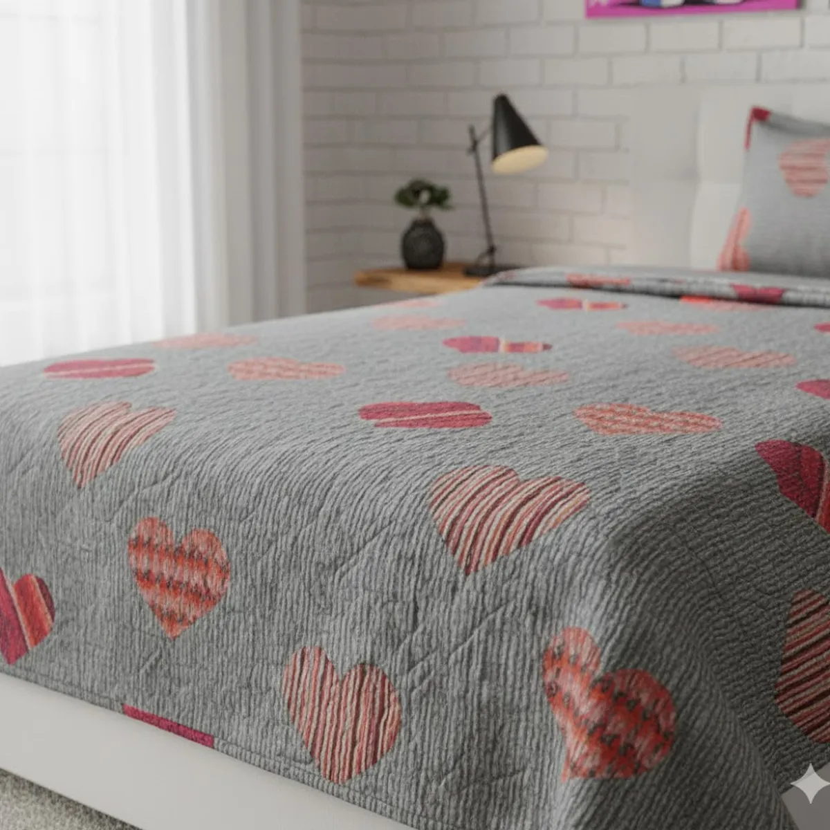 GENERICO - CUBRECAMA ALGODON  1.5 PLAZA GRIS CORAZON QUILT DN