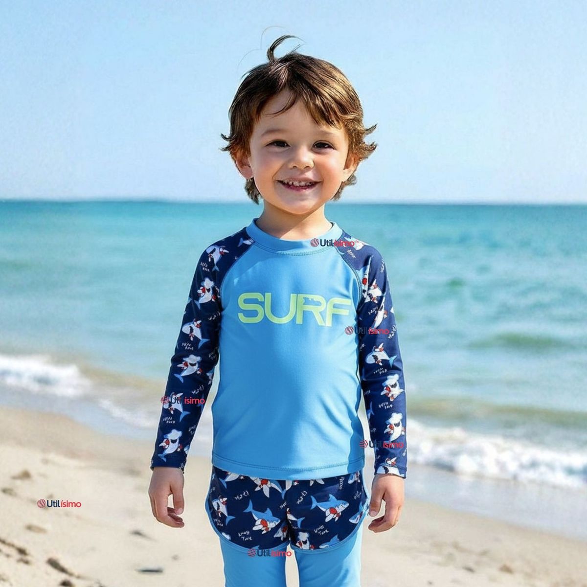 JUMP KIDS - Traje De Baño Manga Larga Con Pantalón Largo y Pantalón Corto Niño de 3 a 11 Años Blue Surf