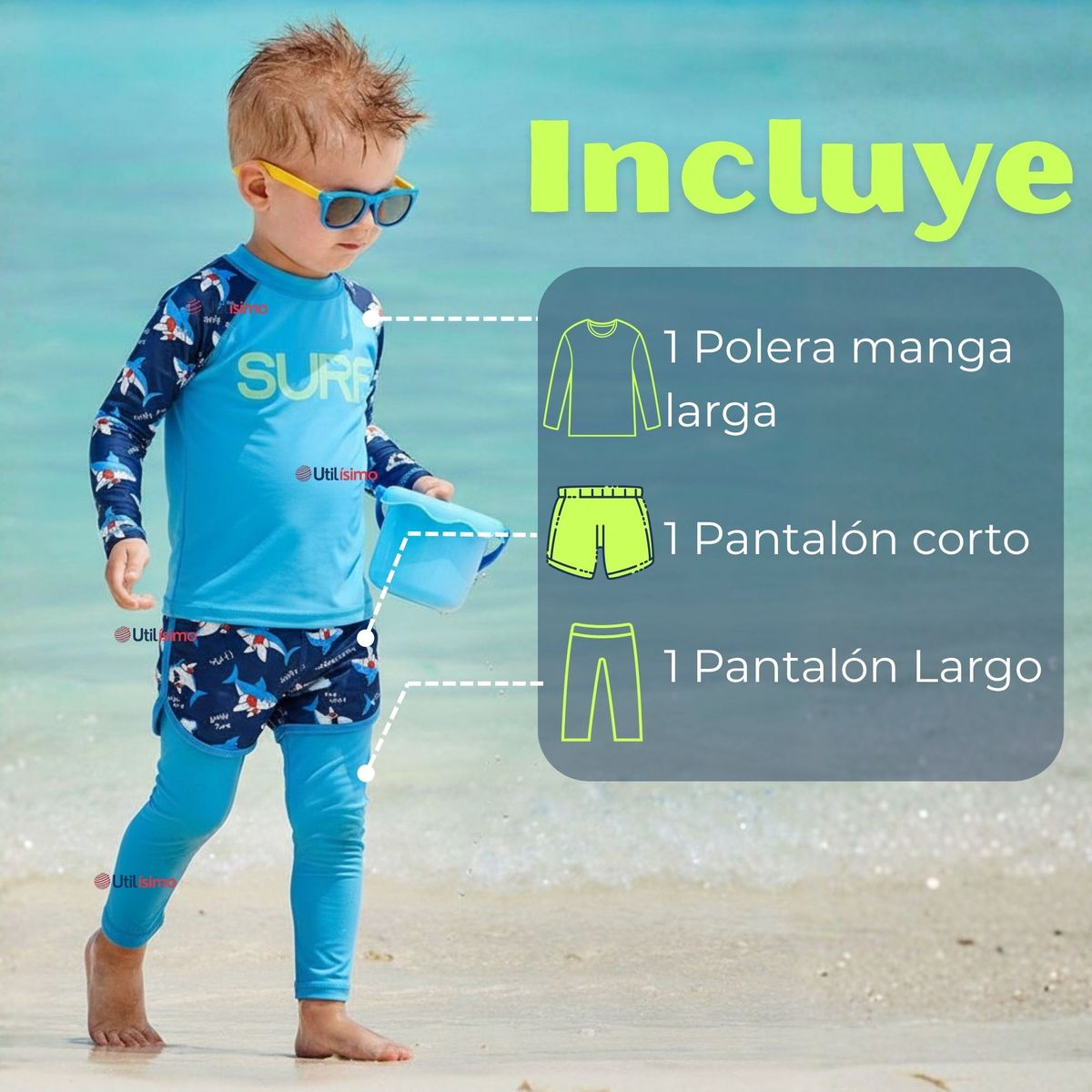 JUMP KIDS - Traje De Baño Manga Larga Con Pantalón Largo y Pantalón Corto Niño de 3 a 11 Años Blue Surf