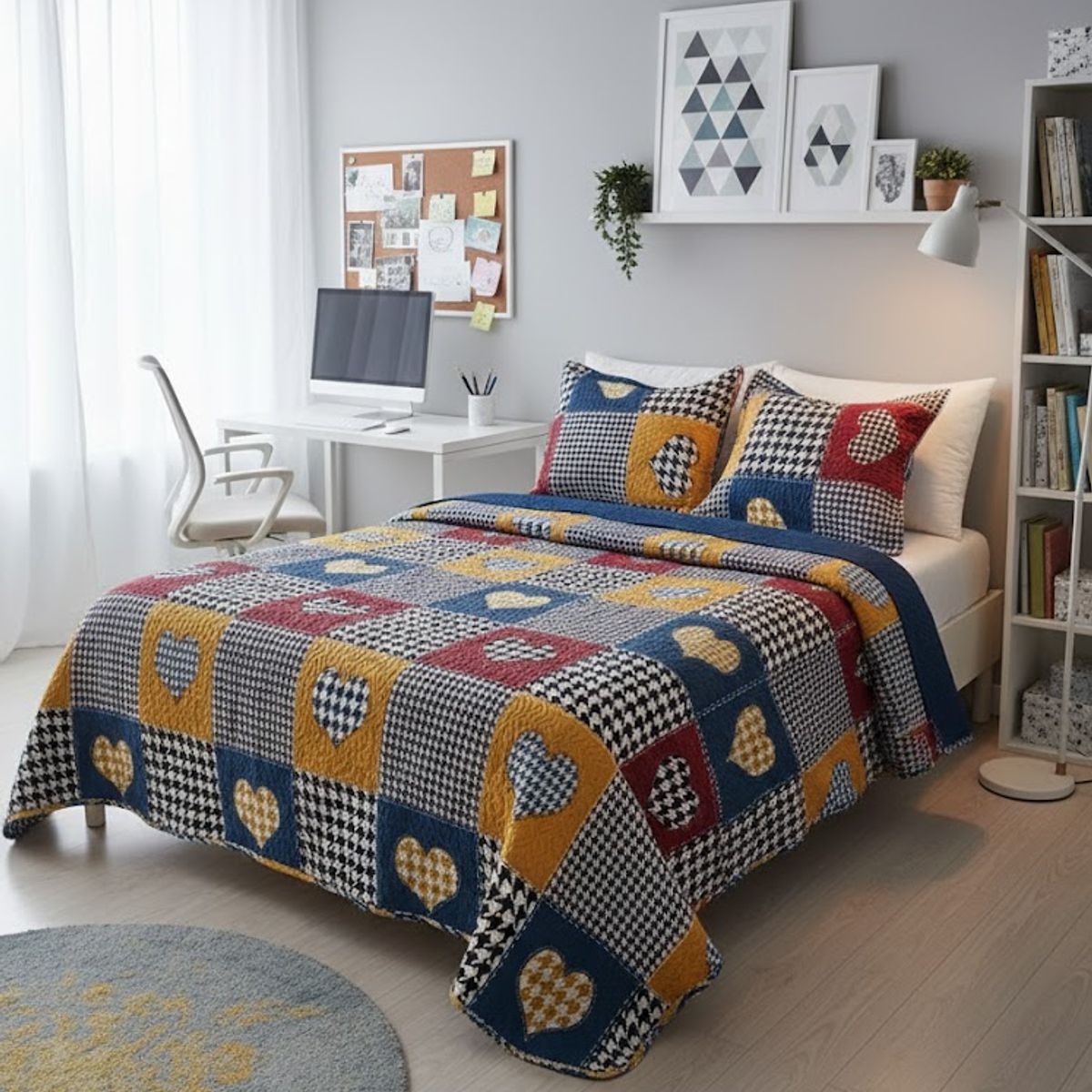 GENERICO - CUBRECAMA ALGODON  1.5 PLAZA  CORAZON CUADRO MULTICOLOR QUILT DN